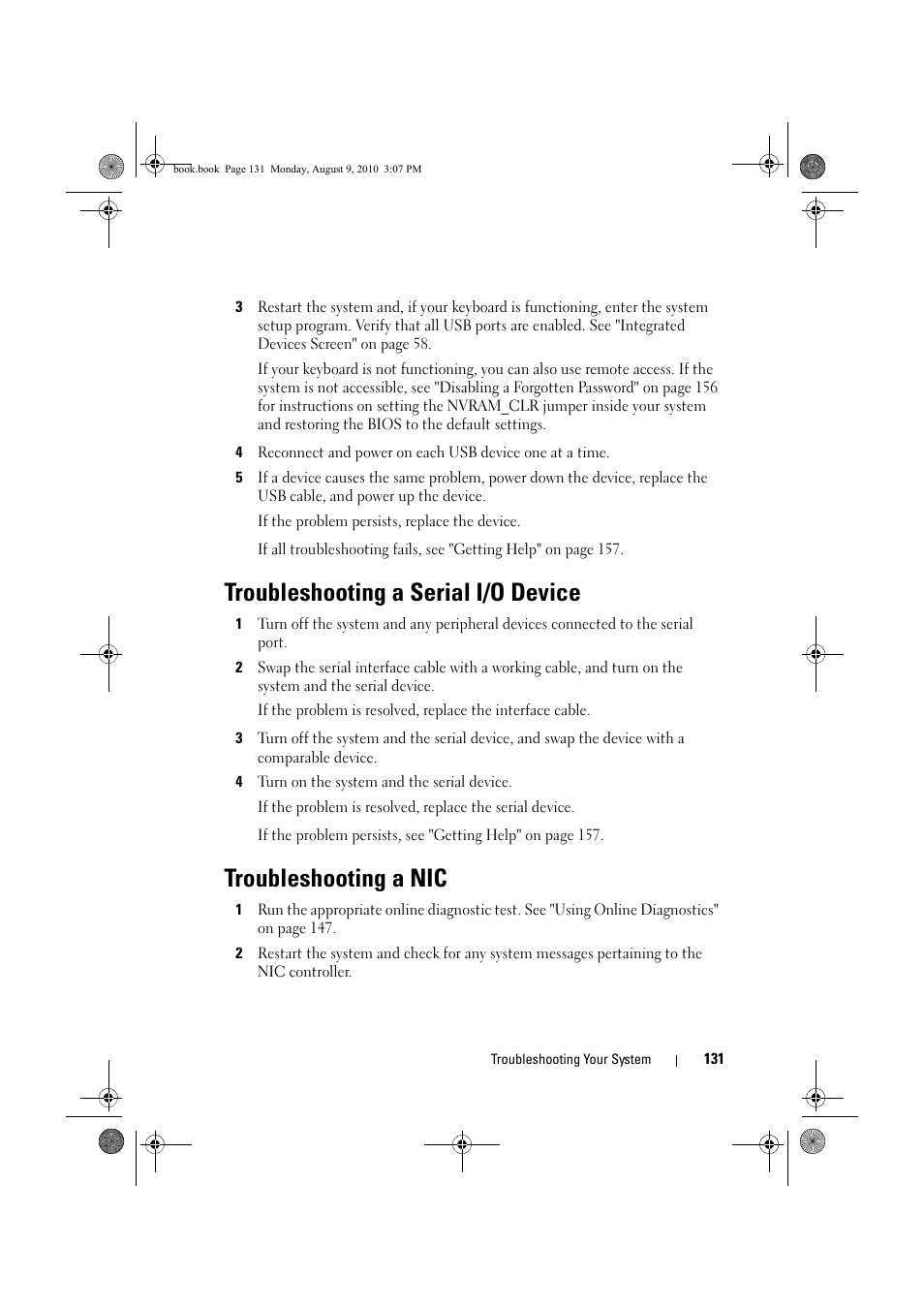 Troubleshooting a serial i/o device, Troubleshooting a nic | Dell PowerVault NX200 User Manual | Page 133 / 166
