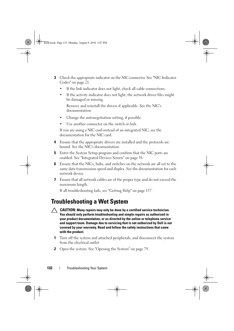 Troubleshooting a wet system | Dell PowerVault NX200 User Manual | Page 134 / 166