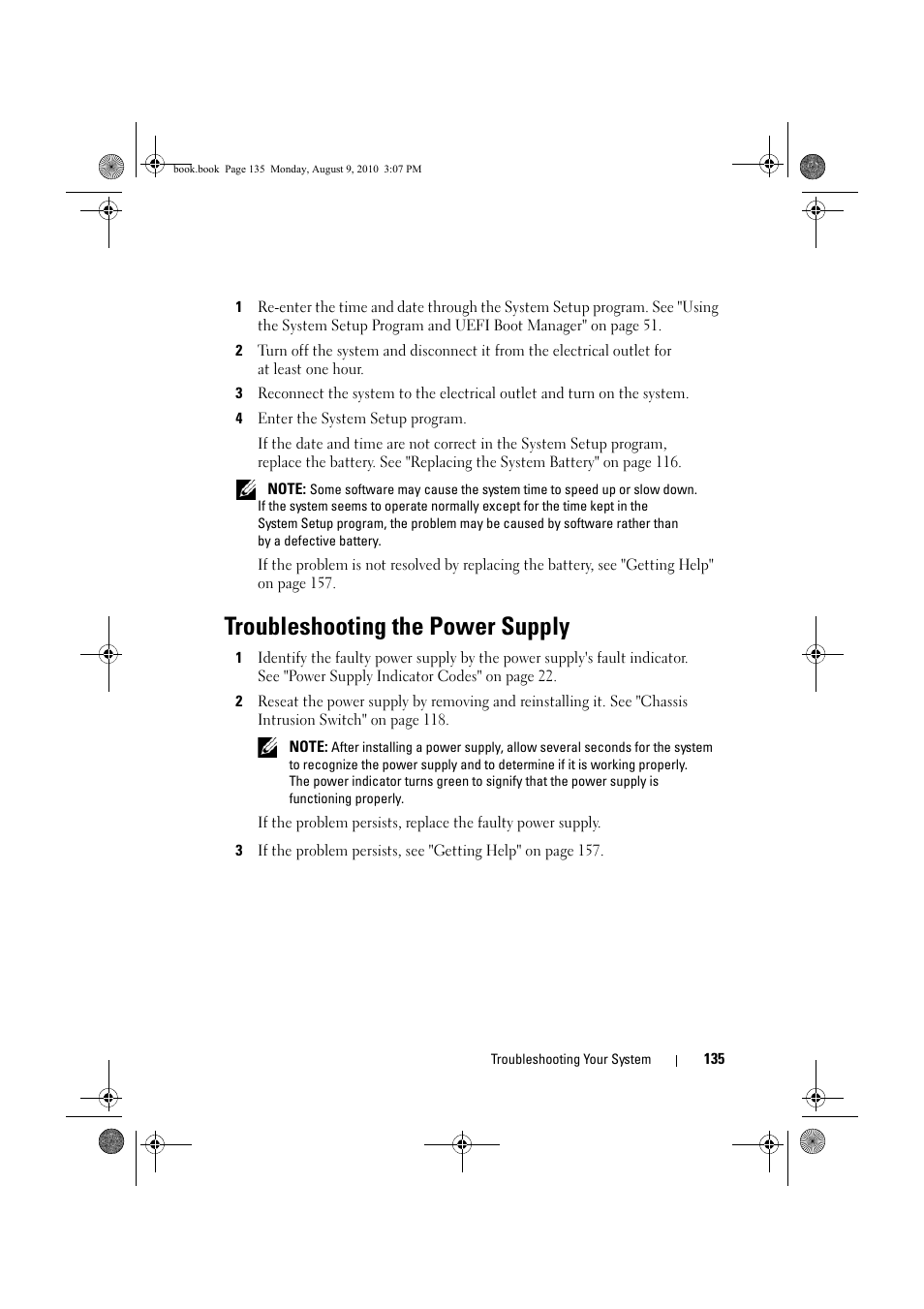 Troubleshooting the power supply, Troubleshooting the | Dell PowerVault NX200 User Manual | Page 137 / 166