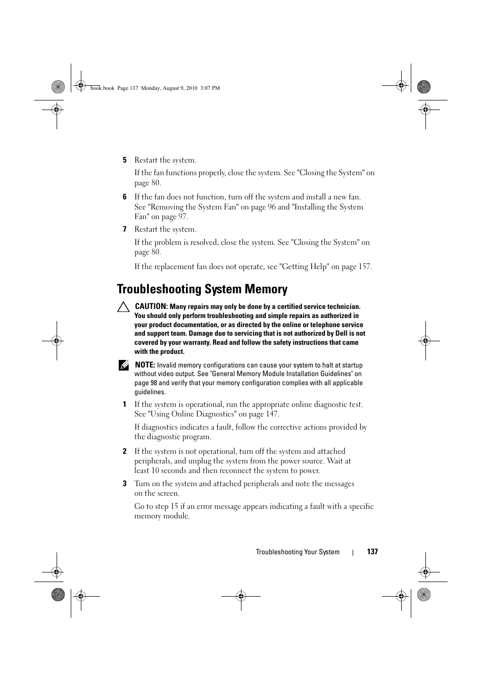 Troubleshooting system memory, Troubleshooting system, Troubleshooting | System memory" on, E "troubleshooting system | Dell PowerVault NX200 User Manual | Page 139 / 166