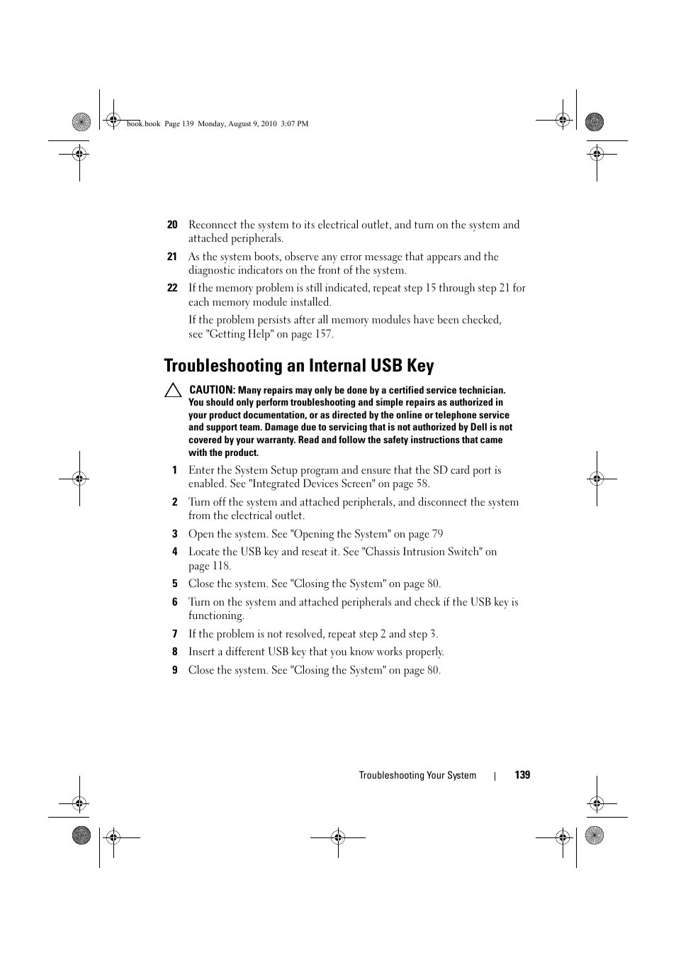 Troubleshooting an internal usb key, Troubleshooting an, Internal usb key" on | Troubleshooting an internal | Dell PowerVault NX200 User Manual | Page 141 / 166