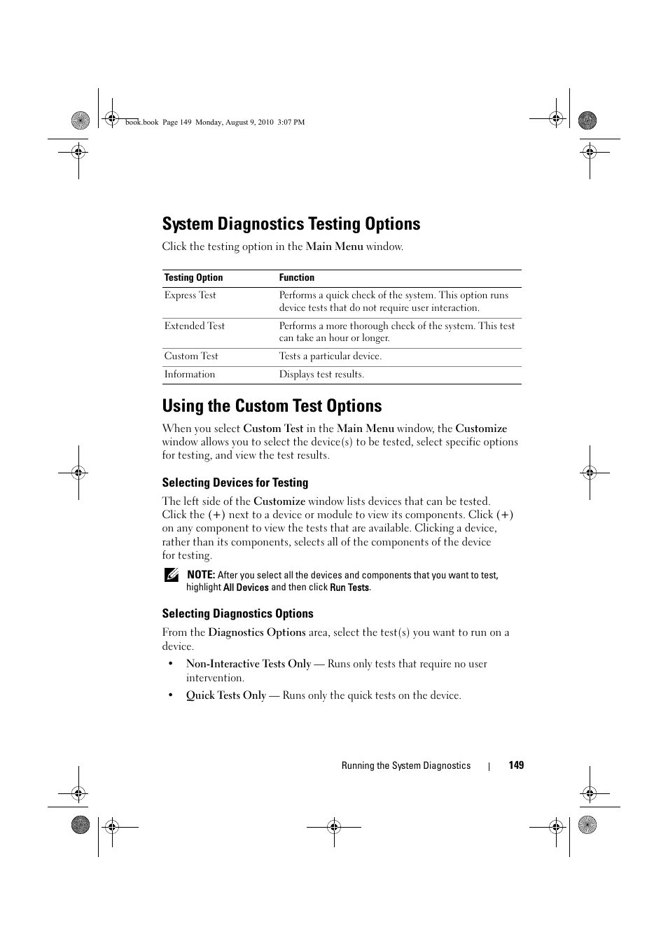 System diagnostics testing options, Using the custom test options, Selecting devices for testing | Selecting diagnostics options | Dell PowerVault NX200 User Manual | Page 151 / 166