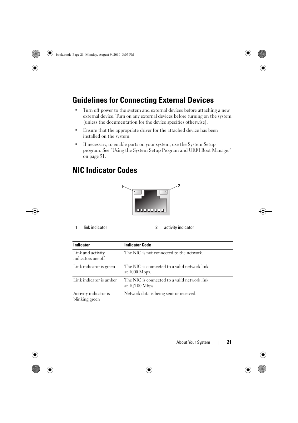 Guidelines for connecting external devices, Nic indicator codes | Dell PowerVault NX200 User Manual | Page 21 / 166