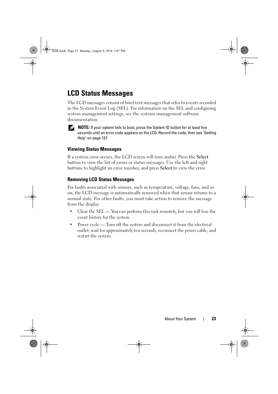 Lcd status messages, Viewing status messages, Removing lcd status messages | Dell PowerVault NX200 User Manual | Page 23 / 166