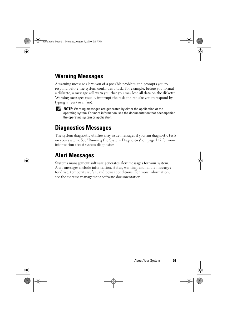 Warning messages, Diagnostics messages, Alert messages | Dell PowerVault NX200 User Manual | Page 51 / 166