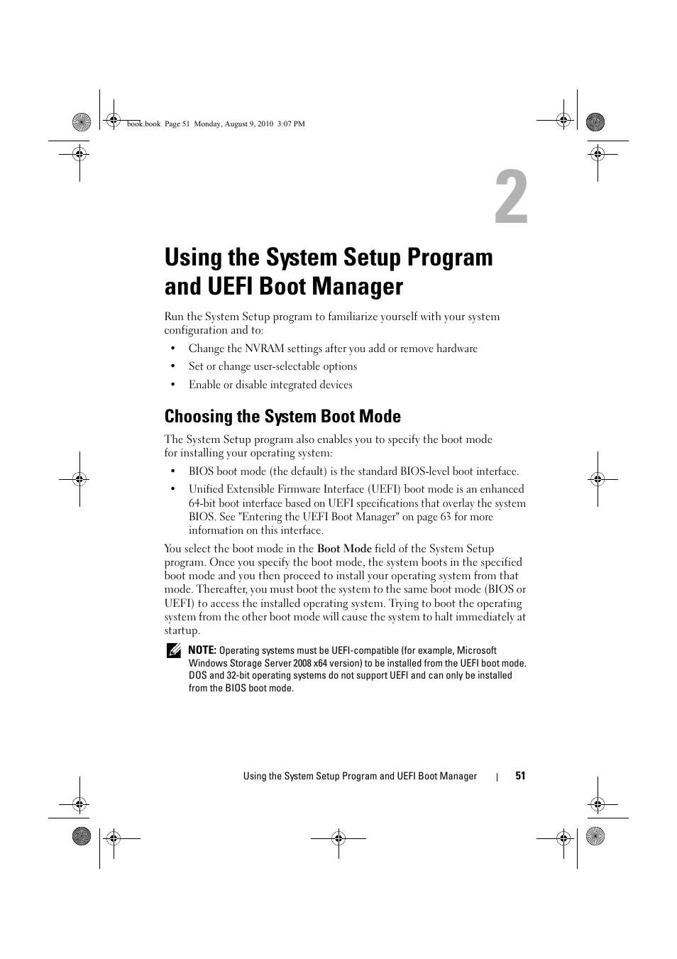 Choosing the system boot mode, Using the system setup program and, Uefi boot manager | E "using the system setup, Using the system, Using the system setup, Program and uefi boot, Using the, System setup program and, Uefi boot manager" on | Dell PowerVault NX200 User Manual | Page 53 / 166