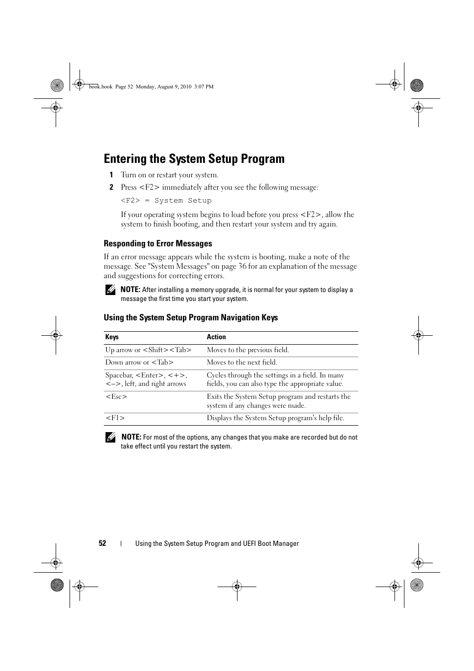 Entering the system setup program, Responding to error messages, Using the system setup program navigation keys | Using the system setup program, Navigation keys, Entering the system | Dell PowerVault NX200 User Manual | Page 54 / 166