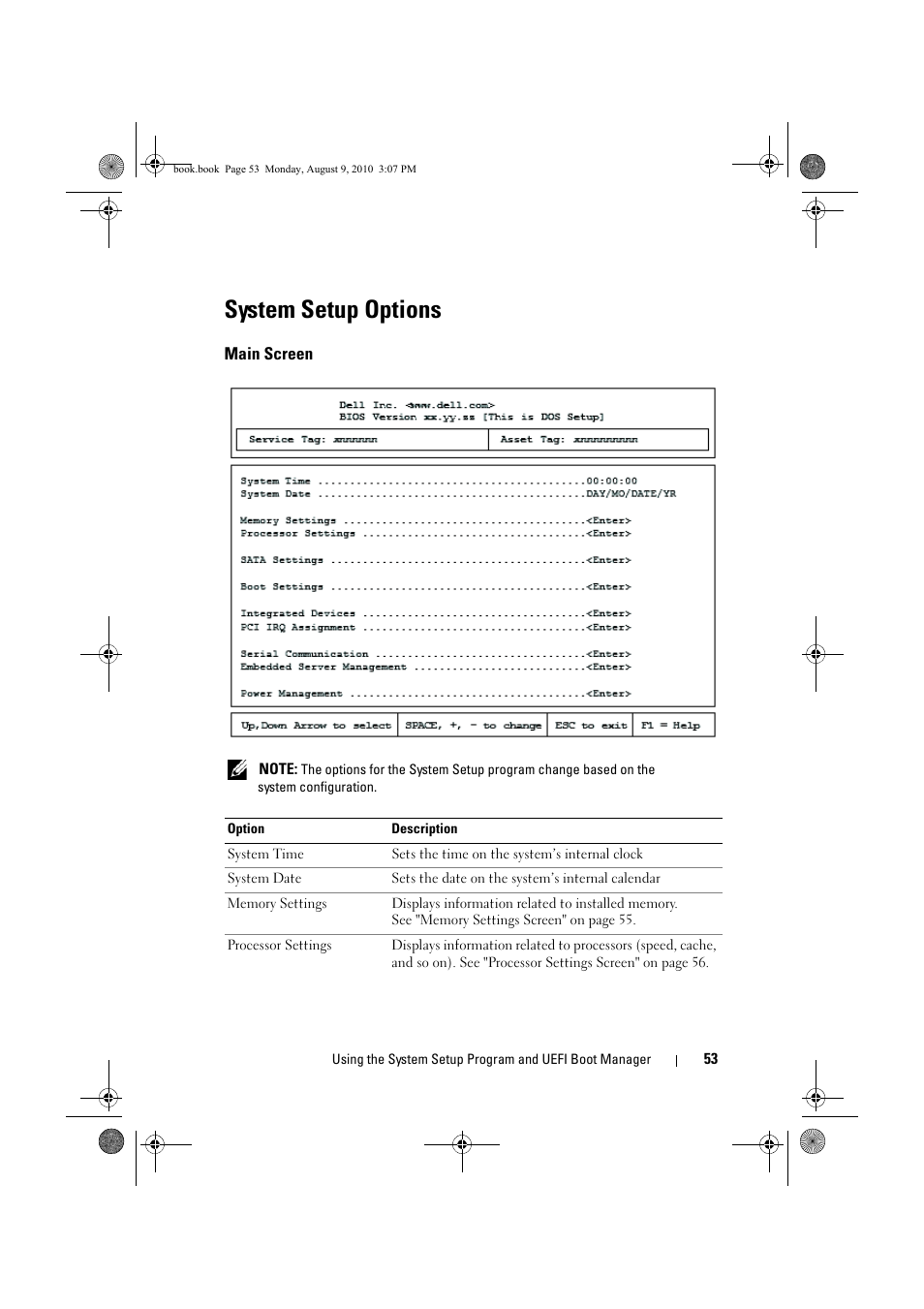 System setup options, Main screen | Dell PowerVault NX200 User Manual | Page 55 / 166