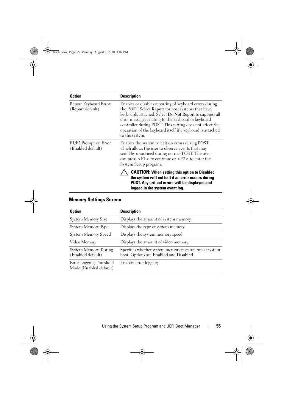 Memory settings screen | Dell PowerVault NX200 User Manual | Page 57 / 166