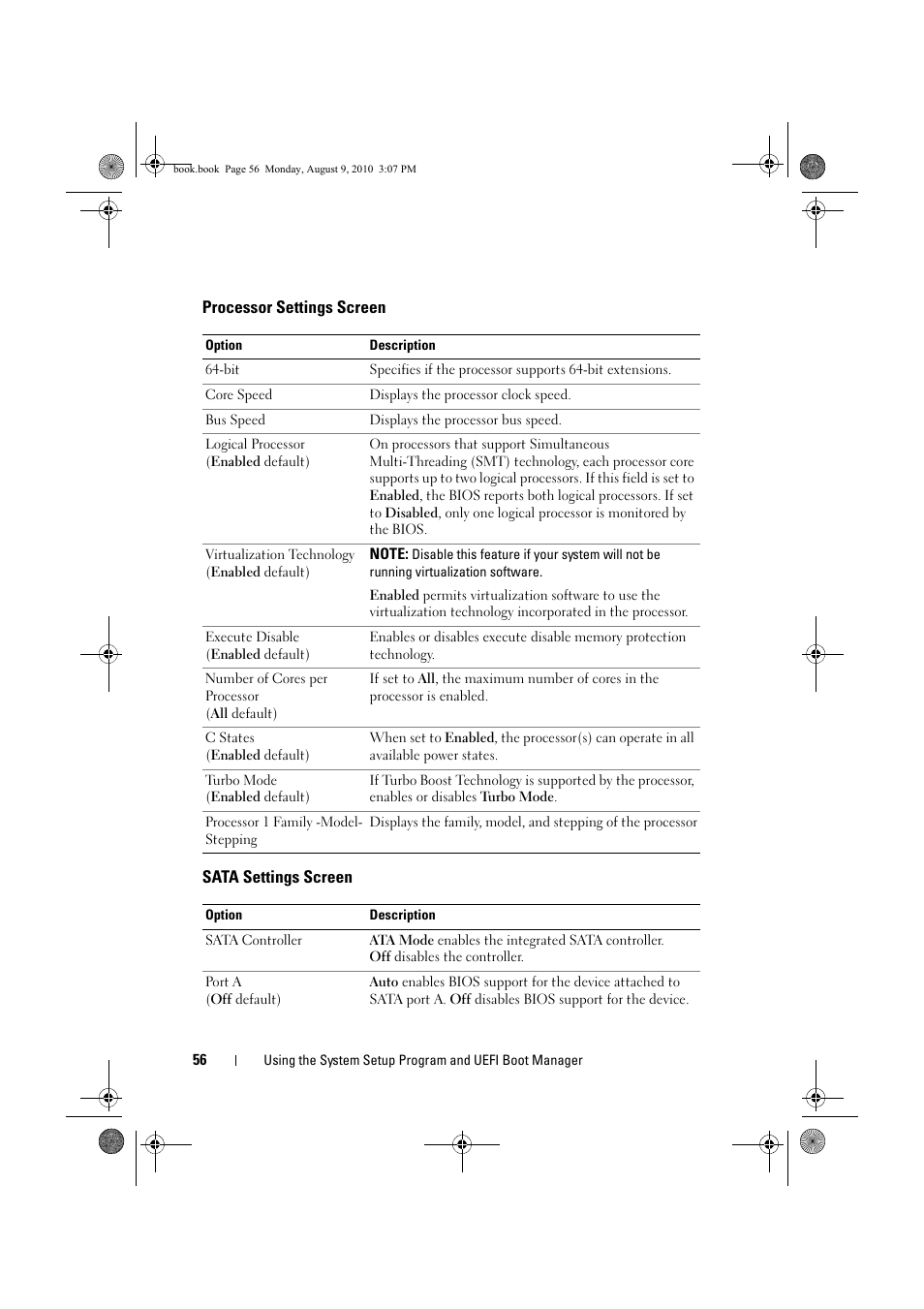 Processor settings screen, Sata settings screen, See "sata settings screen | Dell PowerVault NX200 User Manual | Page 58 / 166
