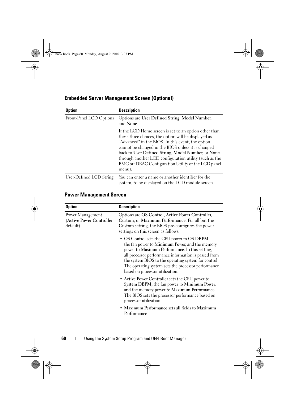 Embedded server management screen (optional), Power management screen, Embedded server management | Screen (optional) | Dell PowerVault NX200 User Manual | Page 62 / 166