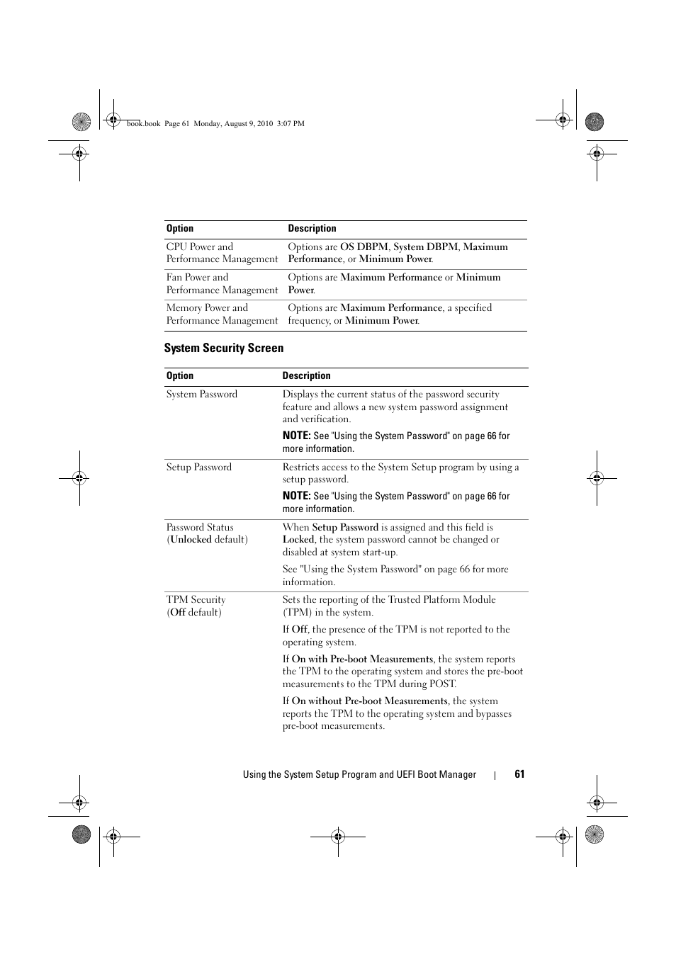 System security screen, Es. see "system security screen | Dell PowerVault NX200 User Manual | Page 63 / 166