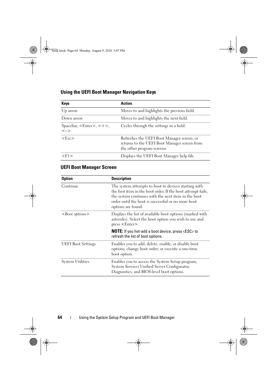 Using the uefi boot manager navigation keys, Uefi boot manager screen, Using the uefi boot manager | Navigation keys | Dell PowerVault NX200 User Manual | Page 66 / 166
