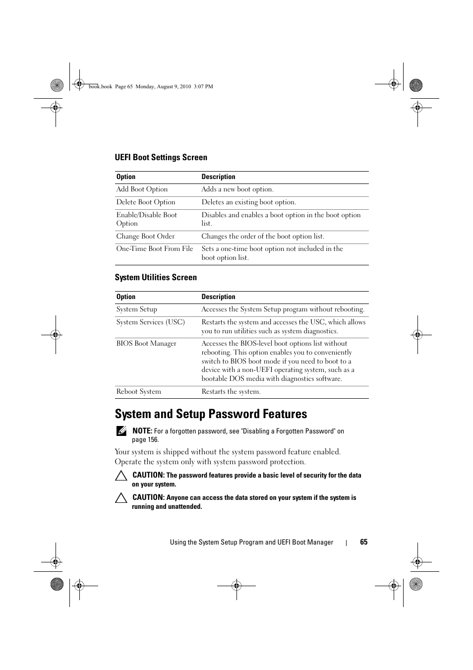 Uefi boot settings screen, System utilities screen, System and setup password features | Dell PowerVault NX200 User Manual | Page 67 / 166