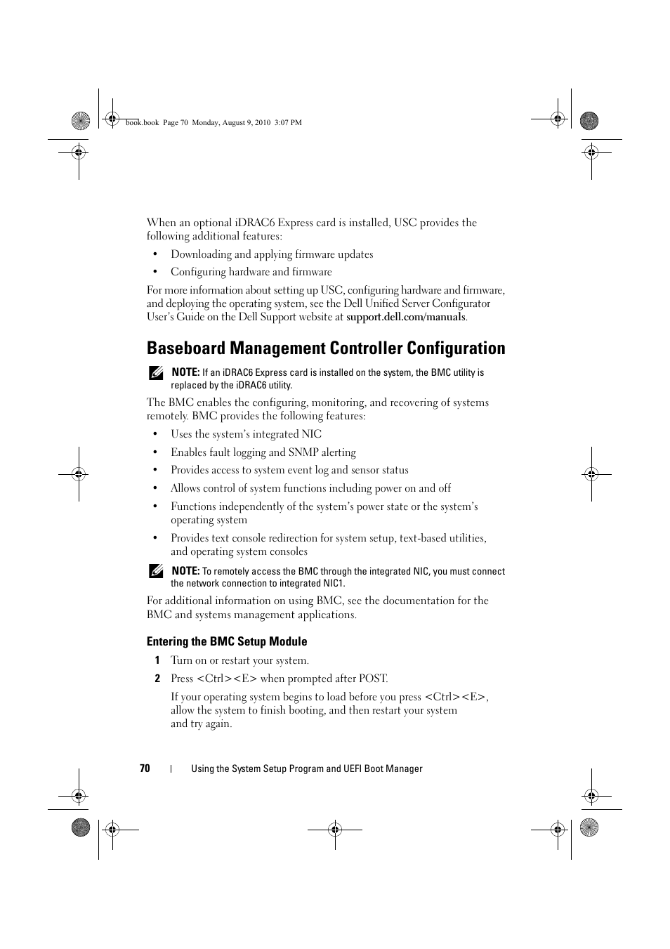 Baseboard management controller configuration, Entering the bmc setup module | Dell PowerVault NX200 User Manual | Page 72 / 166