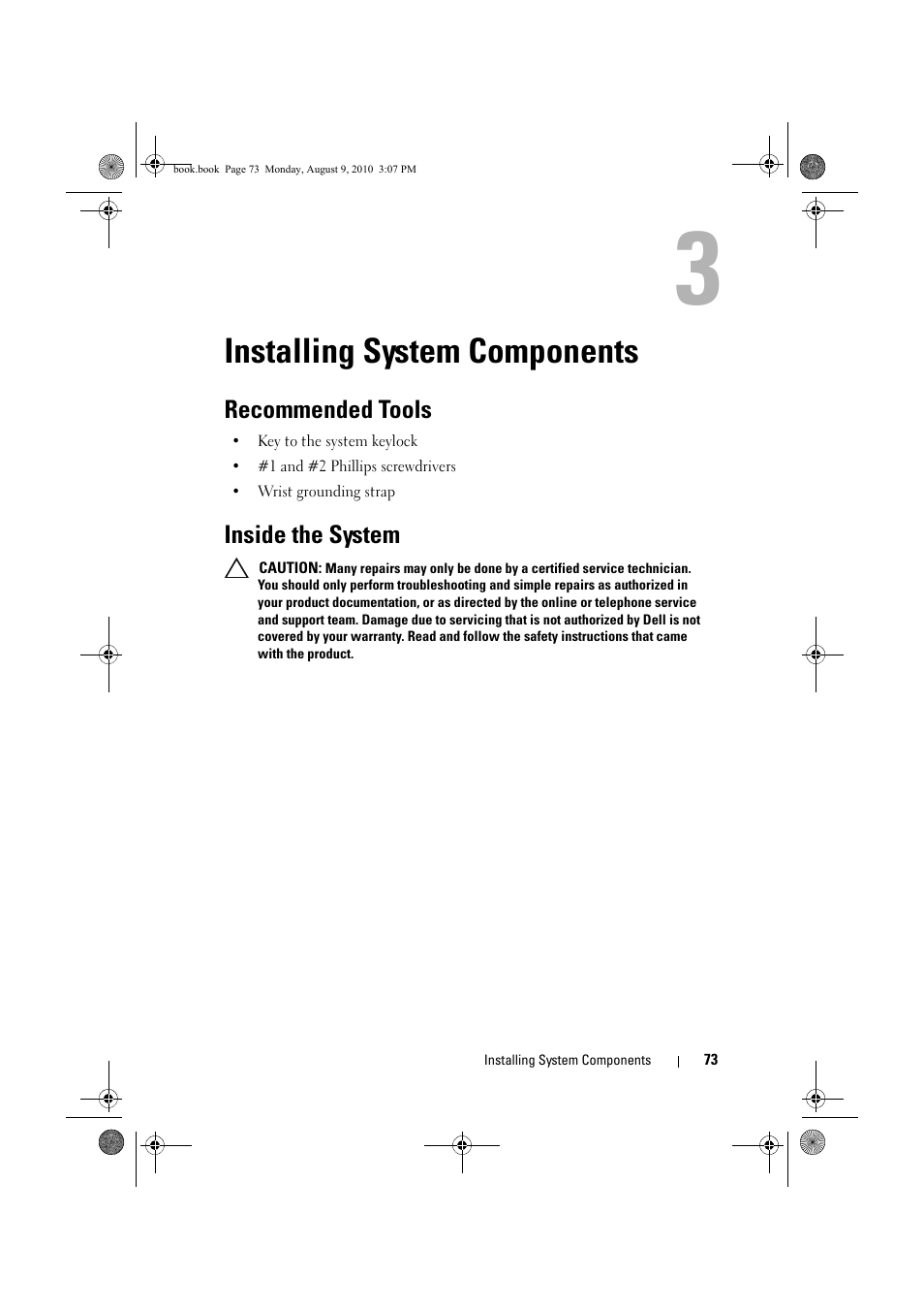 Installing system components, Recommended tools, Inside the system | Dell PowerVault NX200 User Manual | Page 75 / 166