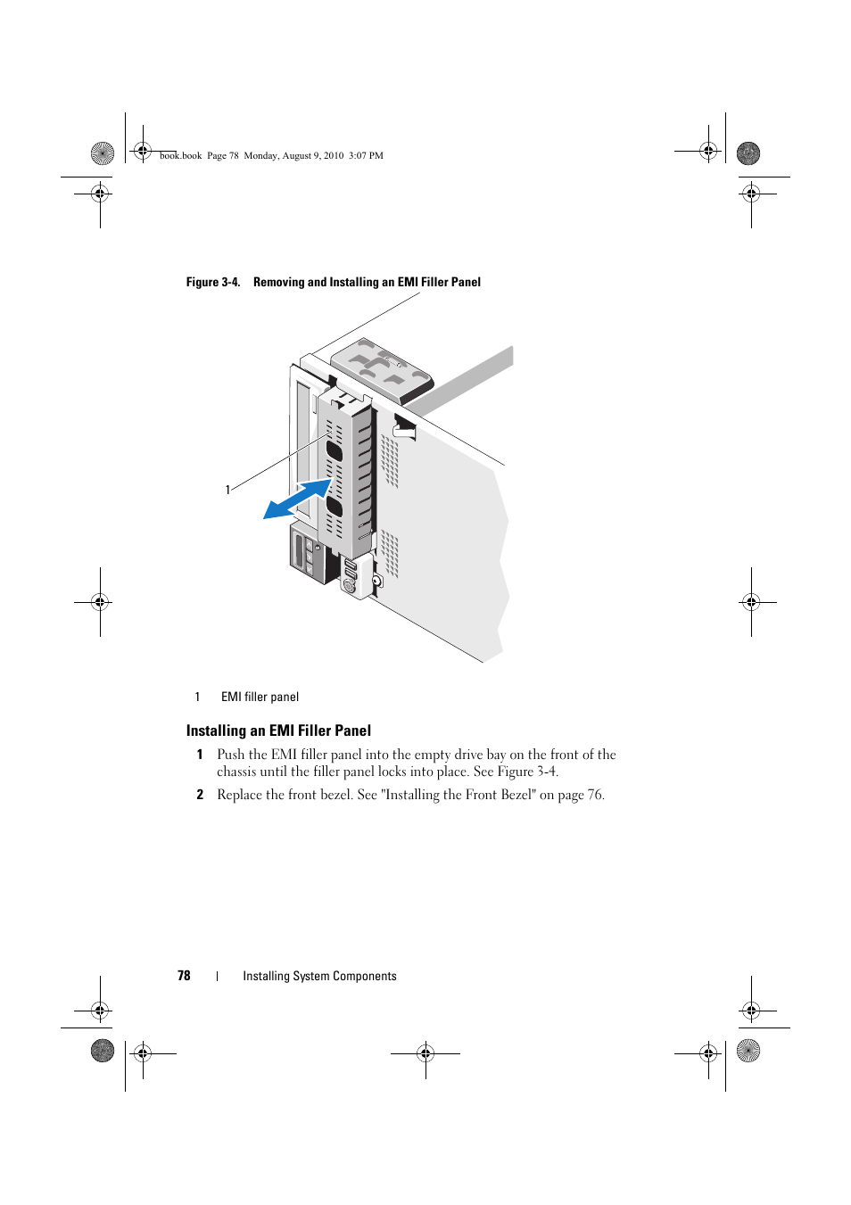 Installing an emi filler panel, See figure 3-4 | Dell PowerVault NX200 User Manual | Page 80 / 166