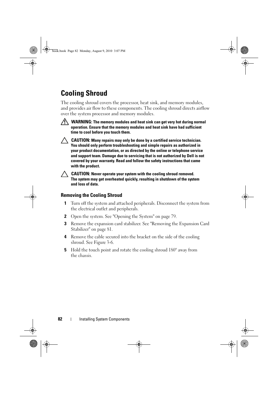 Cooling shroud, Removing the cooling shroud | Dell PowerVault NX200 User Manual | Page 84 / 166