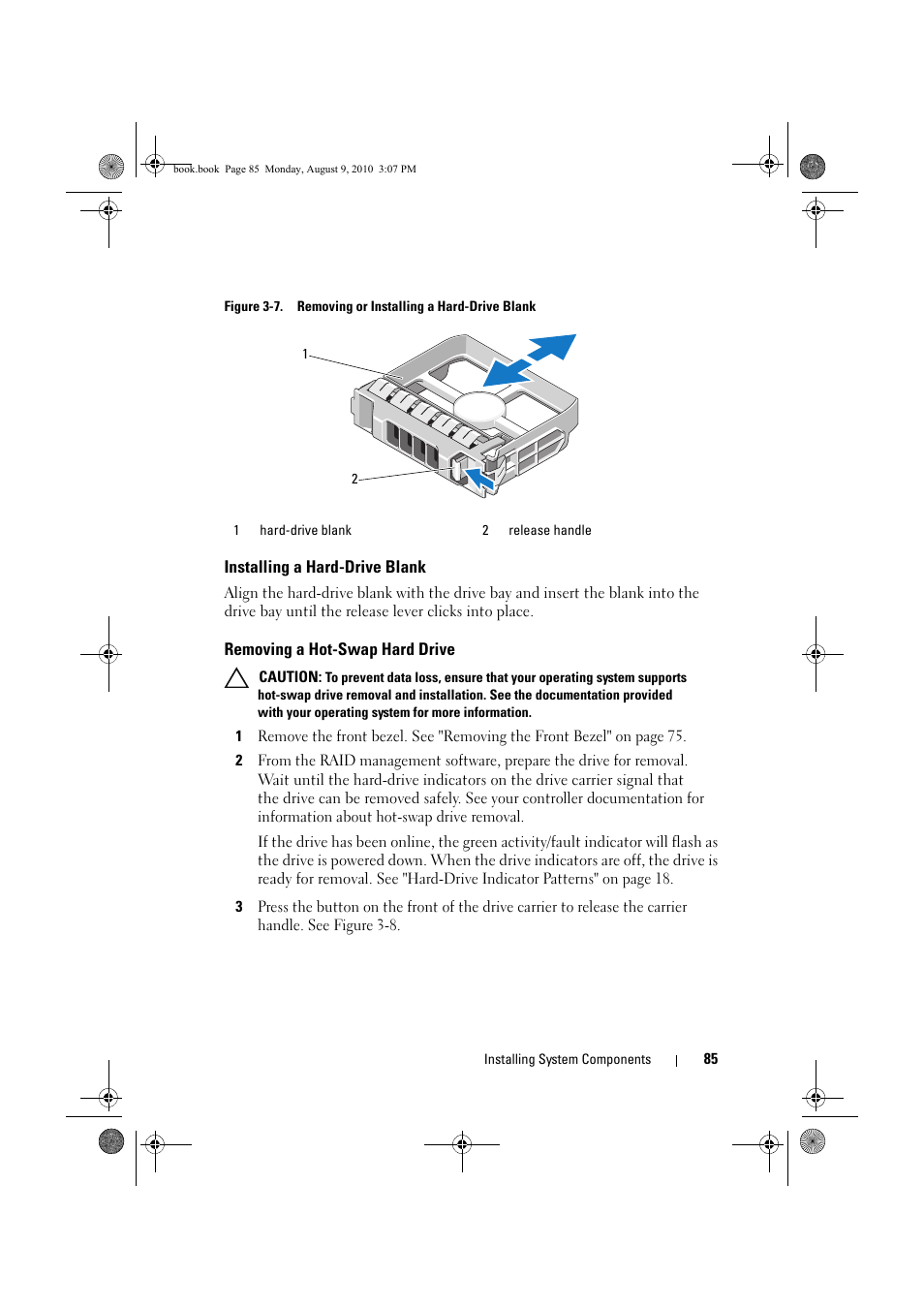Installing a hard-drive blank, Removing a hot-swap hard drive | Dell PowerVault NX200 User Manual | Page 87 / 166