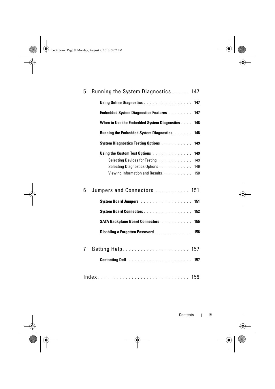 5 running the system diagnostics, 6 jumpers and connectors, 7 getting help | Index | Dell PowerVault NX200 User Manual | Page 9 / 166