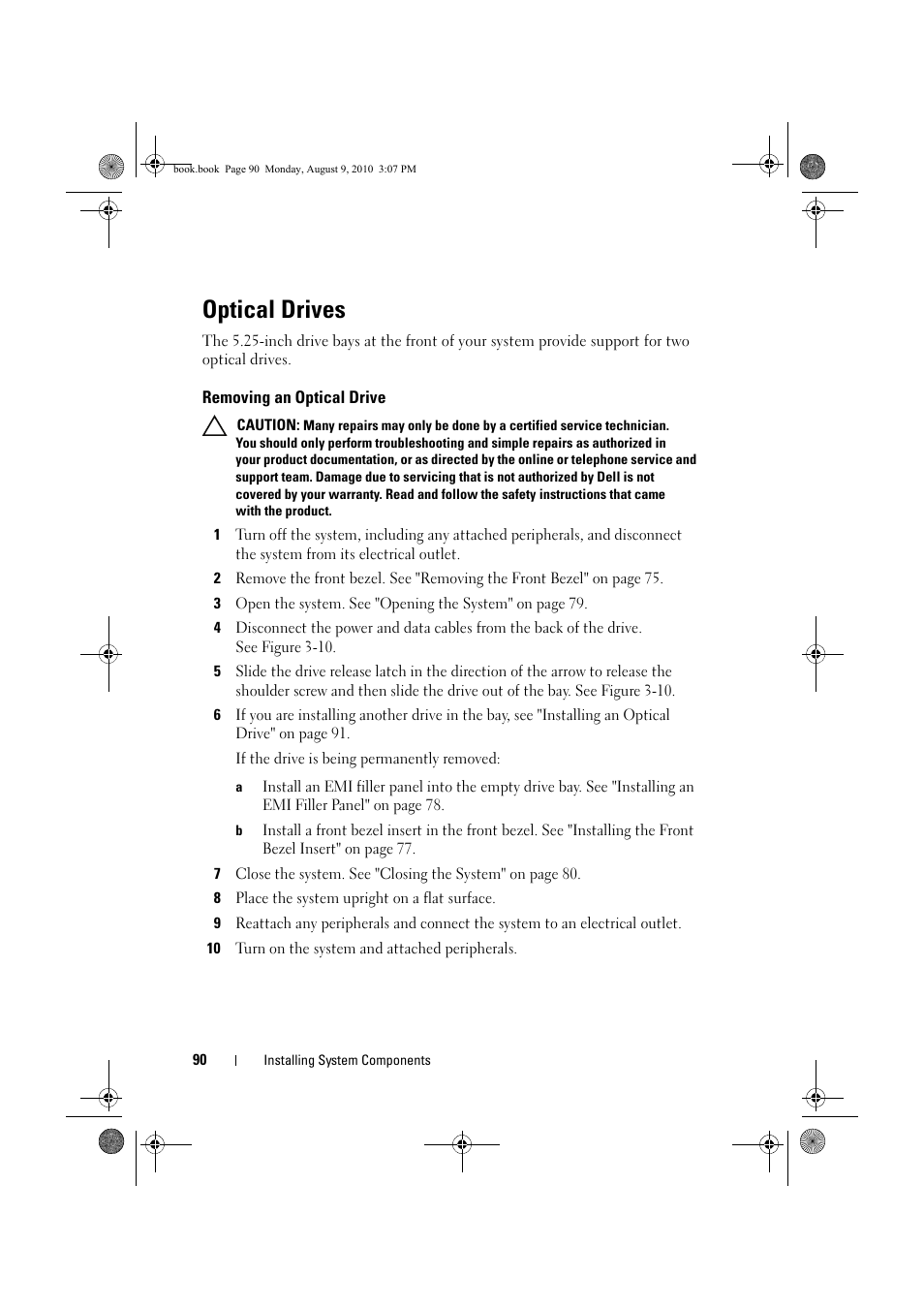 Optical drives, Removing an optical drive | Dell PowerVault NX200 User Manual | Page 92 / 166