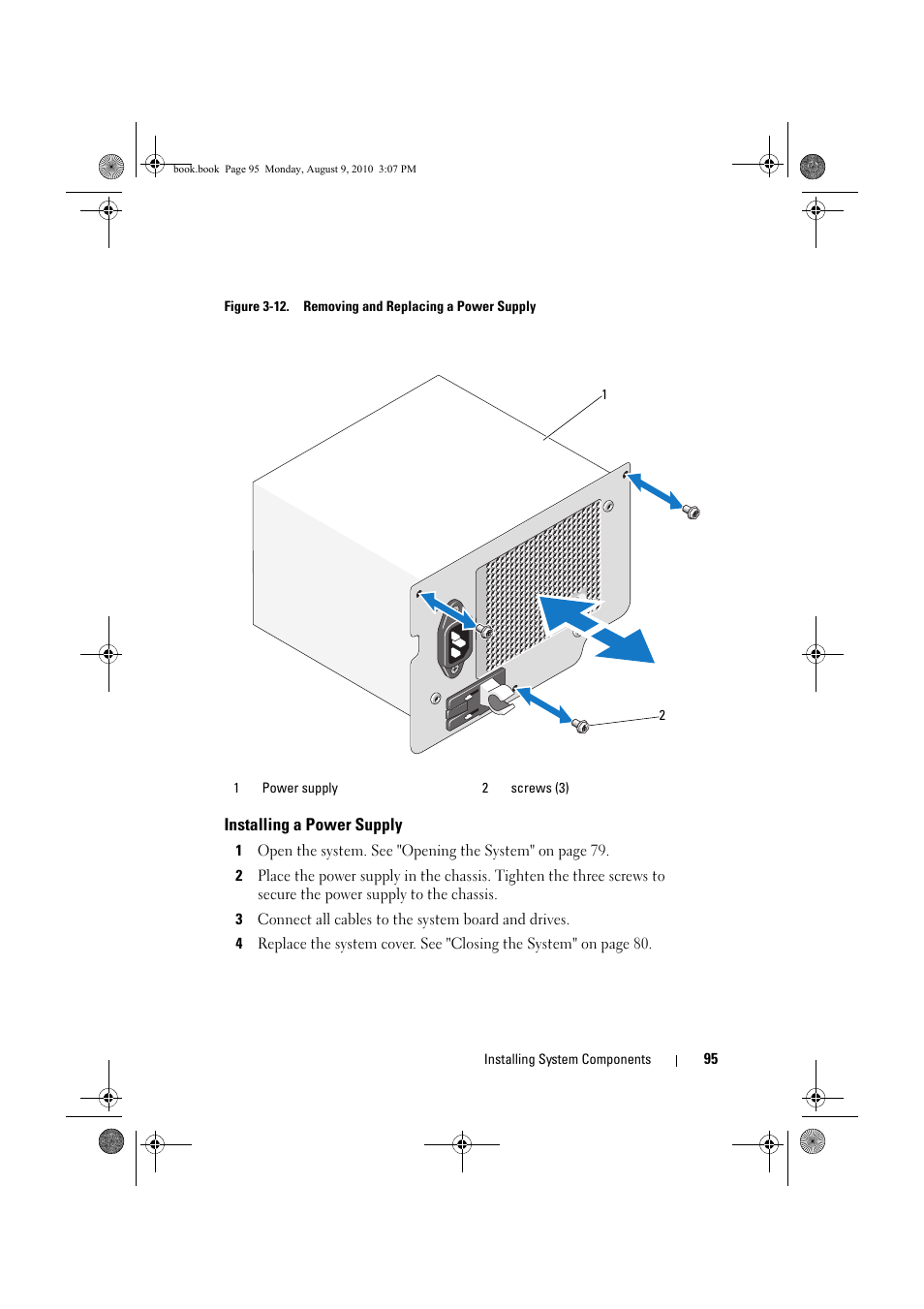 Installing a power supply, Chassis. see figure 3-12 | Dell PowerVault NX200 User Manual | Page 97 / 166