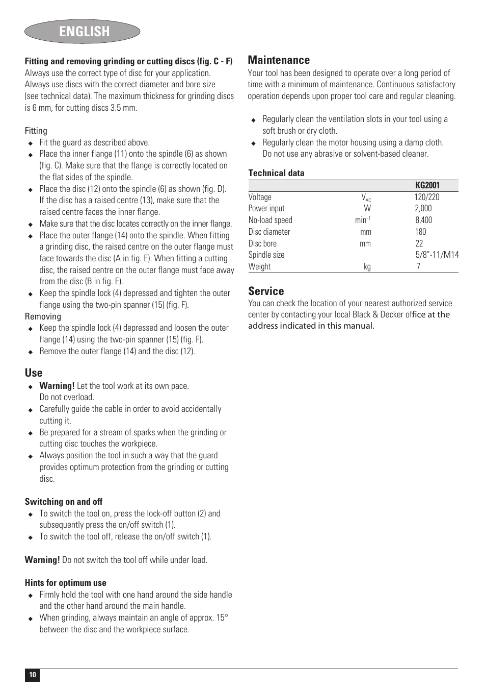 English, Maintenance, Service | Black & Decker KG2001 User Manual | Page 10 / 11