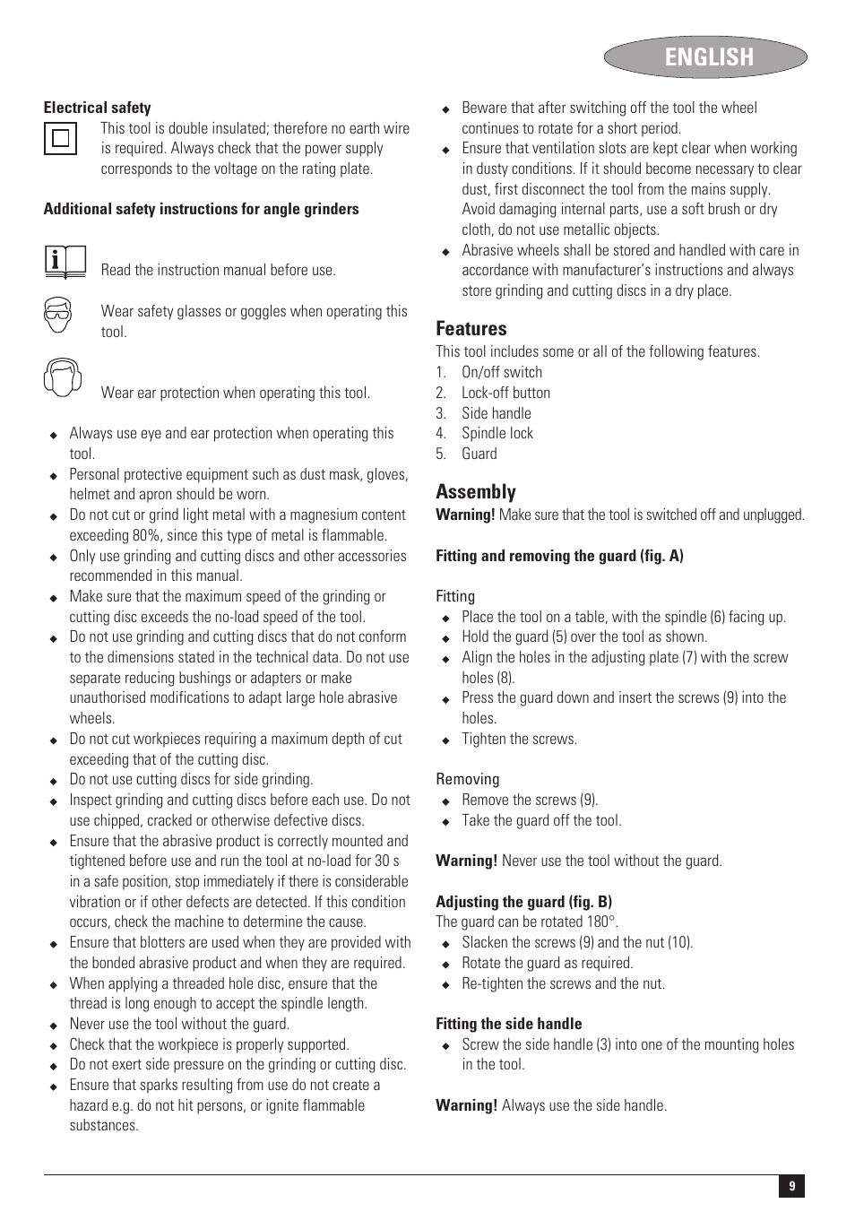 English, Features, Assembly | Black & Decker KG2001 User Manual | Page 9 / 11