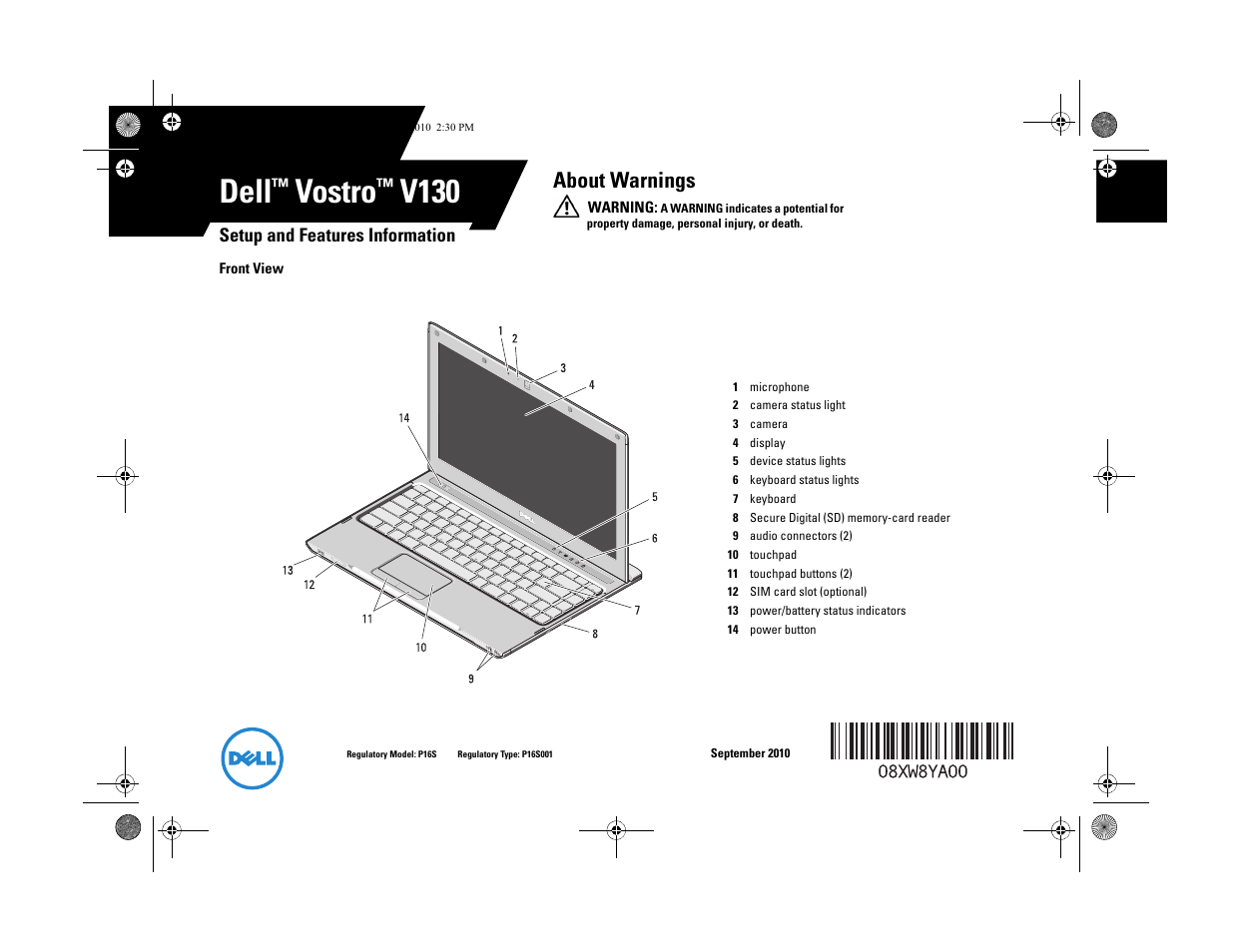 Dell Vostro V130 (Late 2010) User Manual | 6 pages