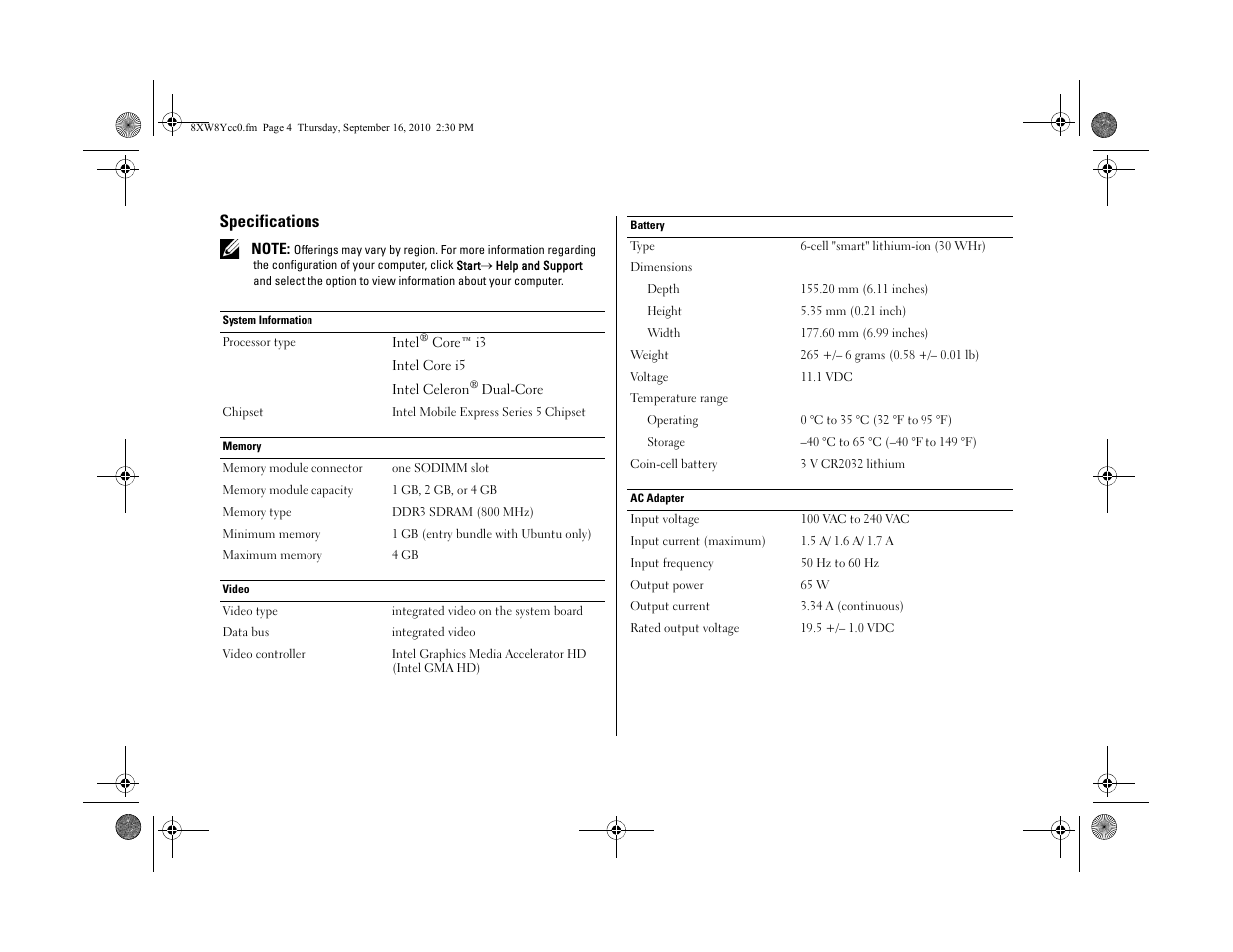 Specifications | Dell Vostro V130 (Late 2010) User Manual | Page 4 / 6
