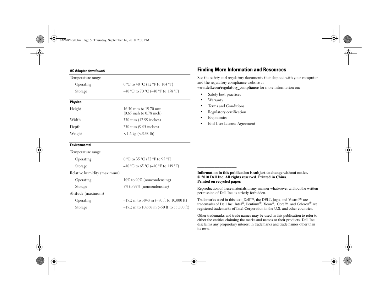 Finding more information and resources | Dell Vostro V130 (Late 2010) User Manual | Page 5 / 6