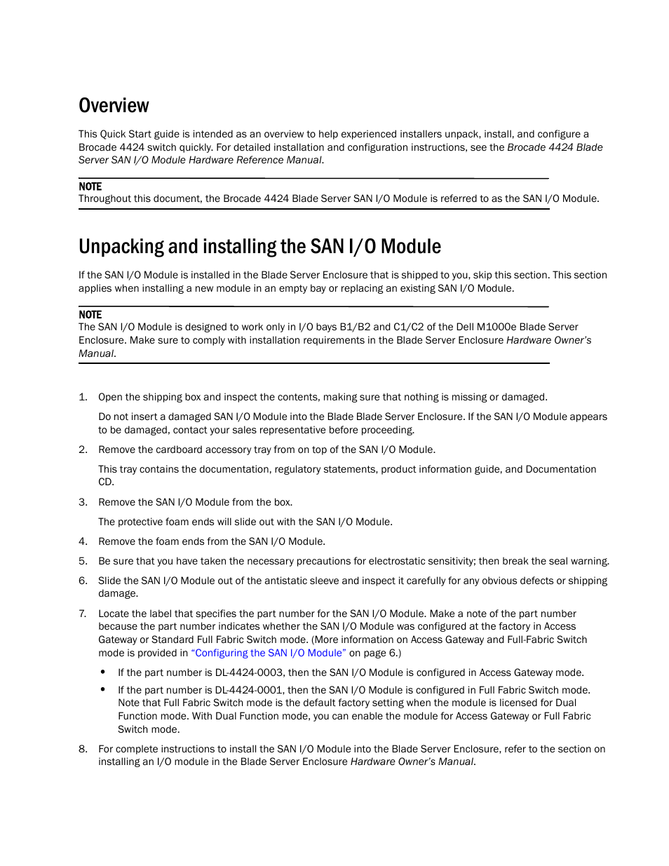 Overview, Unpacking and installing the san i/o module | Dell PowerEdge M805 User Manual | Page 3 / 14