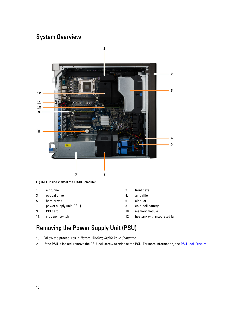 System overview, Removing the power supply unit (psu) | Dell Precision T5610 (Late 2013) User Manual | Page 10 / 73