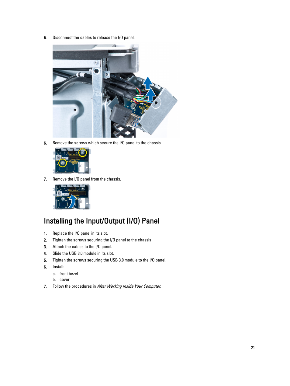 Installing the input/output (i/o) panel | Dell Precision T5610 (Late 2013) User Manual | Page 21 / 73