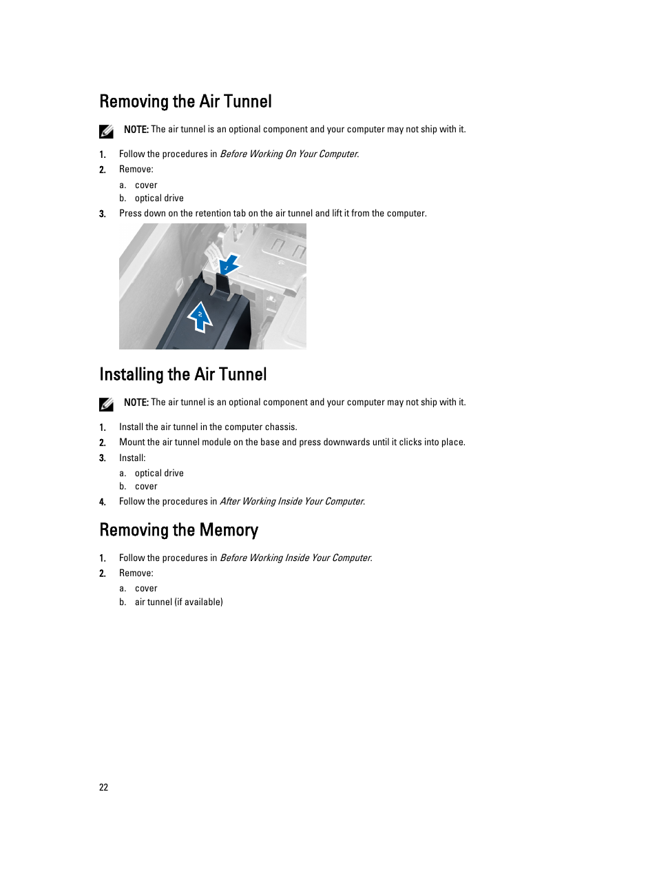 Removing the air tunnel, Installing the air tunnel, Removing the memory | Dell Precision T5610 (Late 2013) User Manual | Page 22 / 73