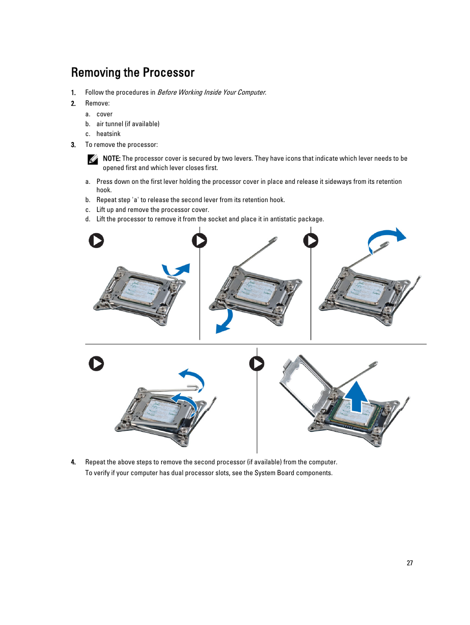 Removing the processor | Dell Precision T5610 (Late 2013) User Manual | Page 27 / 73