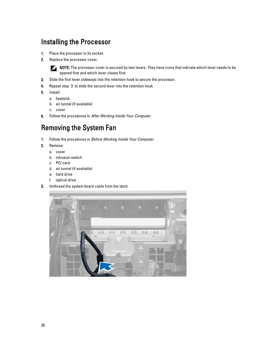 Installing the processor, Removing the system fan | Dell Precision T5610 (Late 2013) User Manual | Page 28 / 73