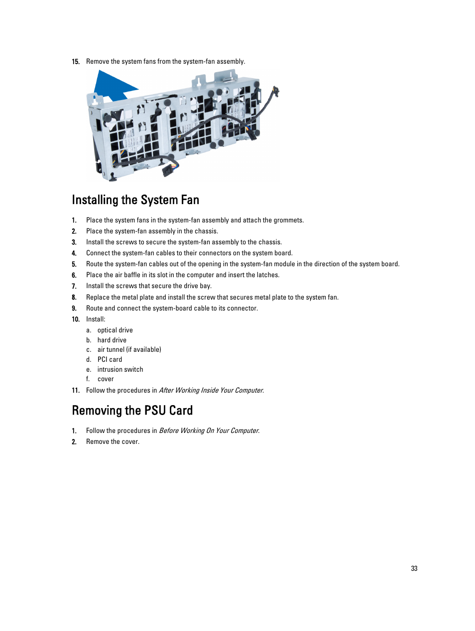 Installing the system fan, Removing the psu card | Dell Precision T5610 (Late 2013) User Manual | Page 33 / 73