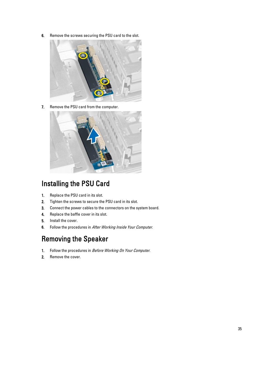 Installing the psu card, Removing the speaker | Dell Precision T5610 (Late 2013) User Manual | Page 35 / 73