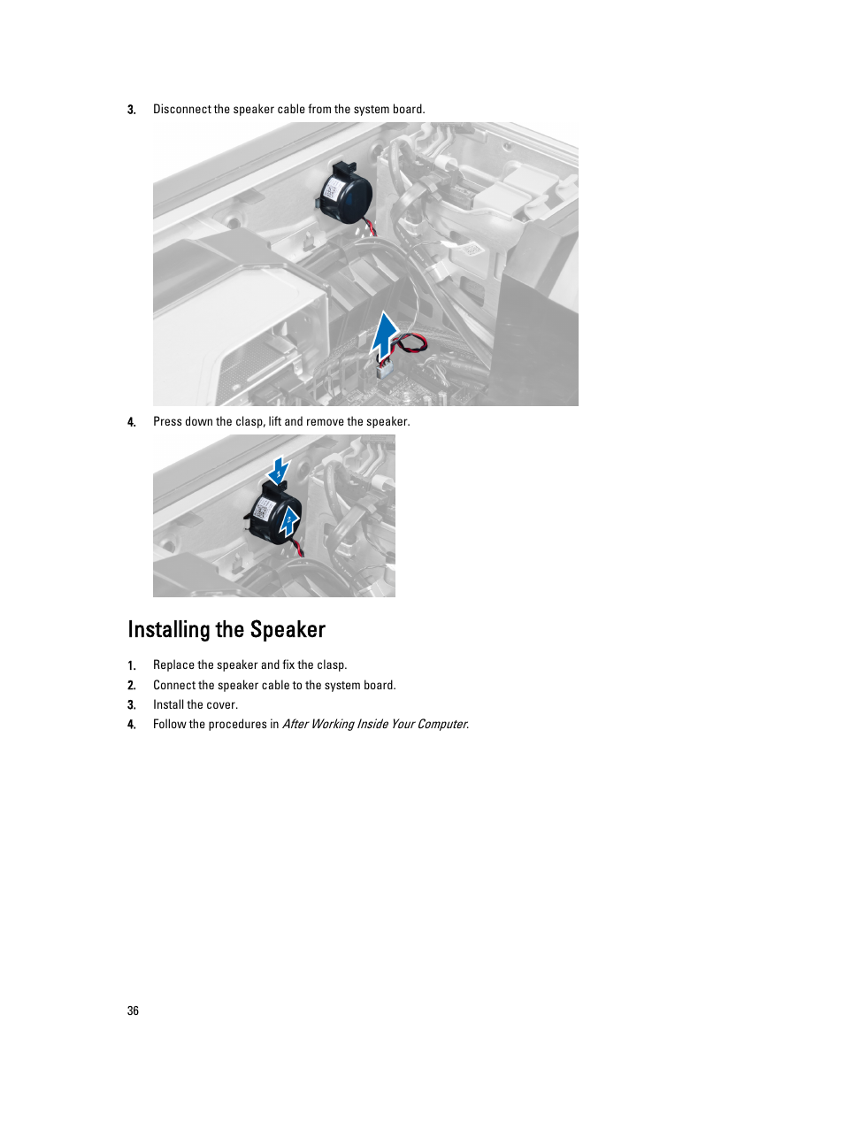 Installing the speaker | Dell Precision T5610 (Late 2013) User Manual | Page 36 / 73