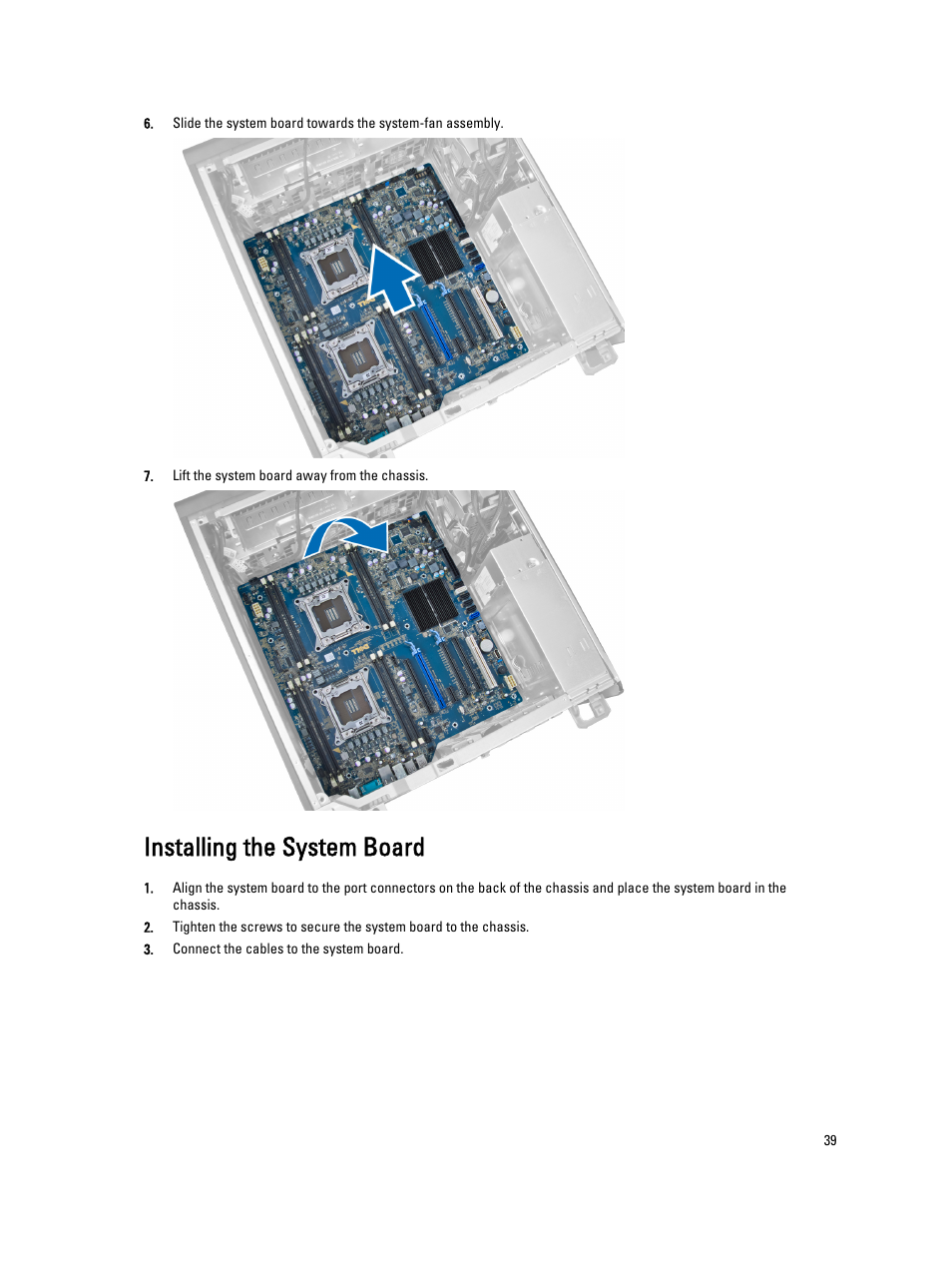 Installing the system board | Dell Precision T5610 (Late 2013) User Manual | Page 39 / 73