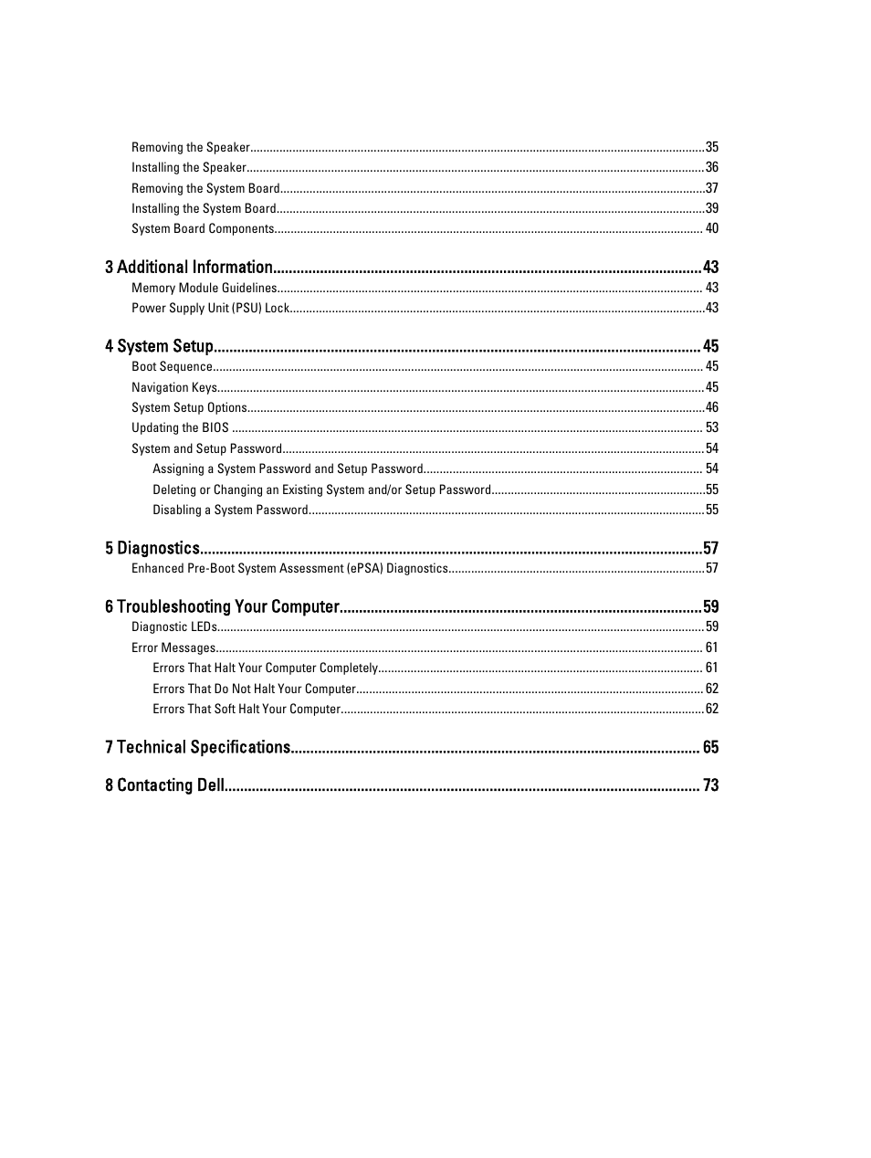 3 additional information, 4 system setup, 5 diagnostics | 6 troubleshooting your computer, 7 technical specifications 8 contacting dell | Dell Precision T5610 (Late 2013) User Manual | Page 4 / 73