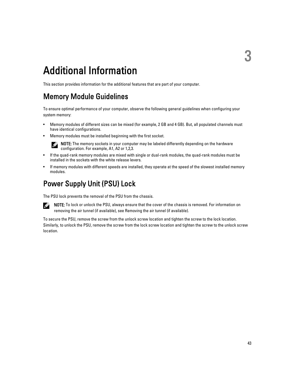 Additional information, Memory module guidelines, Power supply unit (psu) lock | 3 additional information | Dell Precision T5610 (Late 2013) User Manual | Page 43 / 73