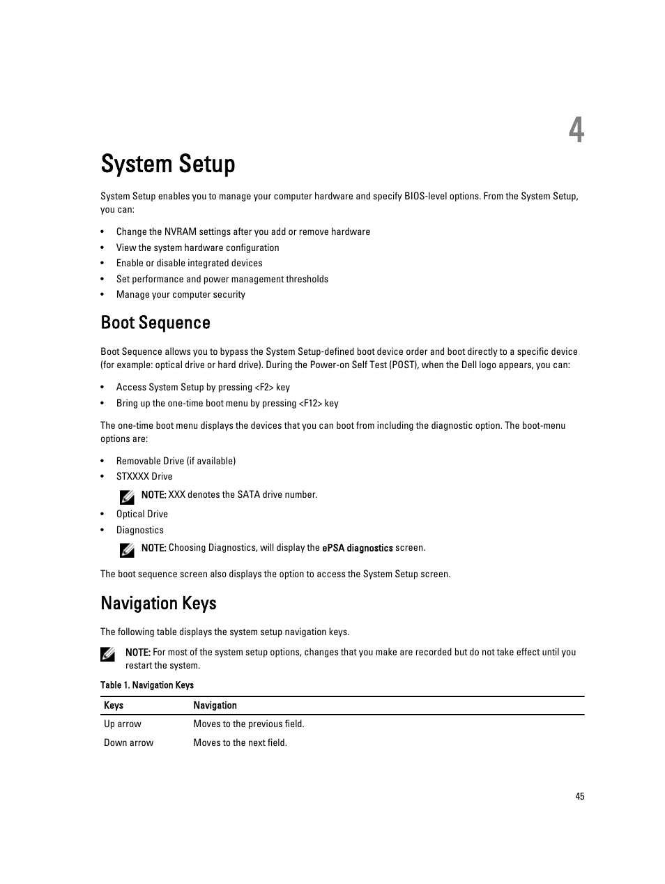 System setup, Boot sequence, Navigation keys | 4 system setup | Dell Precision T5610 (Late 2013) User Manual | Page 45 / 73