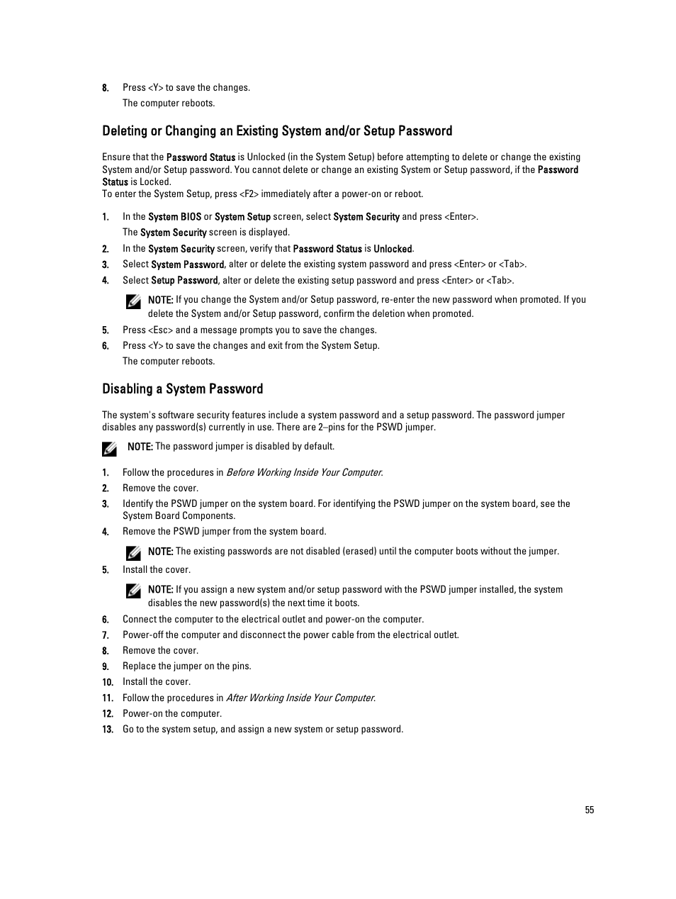 Disabling a system password | Dell Precision T5610 (Late 2013) User Manual | Page 55 / 73