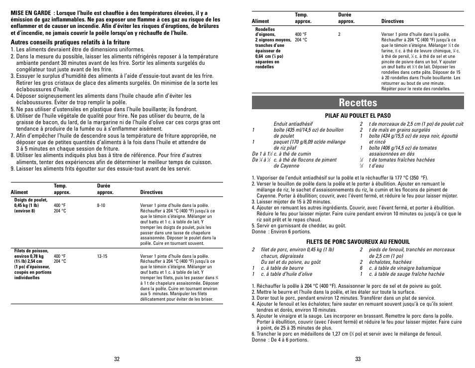 Recettes, Autres conseils pratiques relatifs à la friture | Black & Decker SK300 User Manual | Page 17 / 18