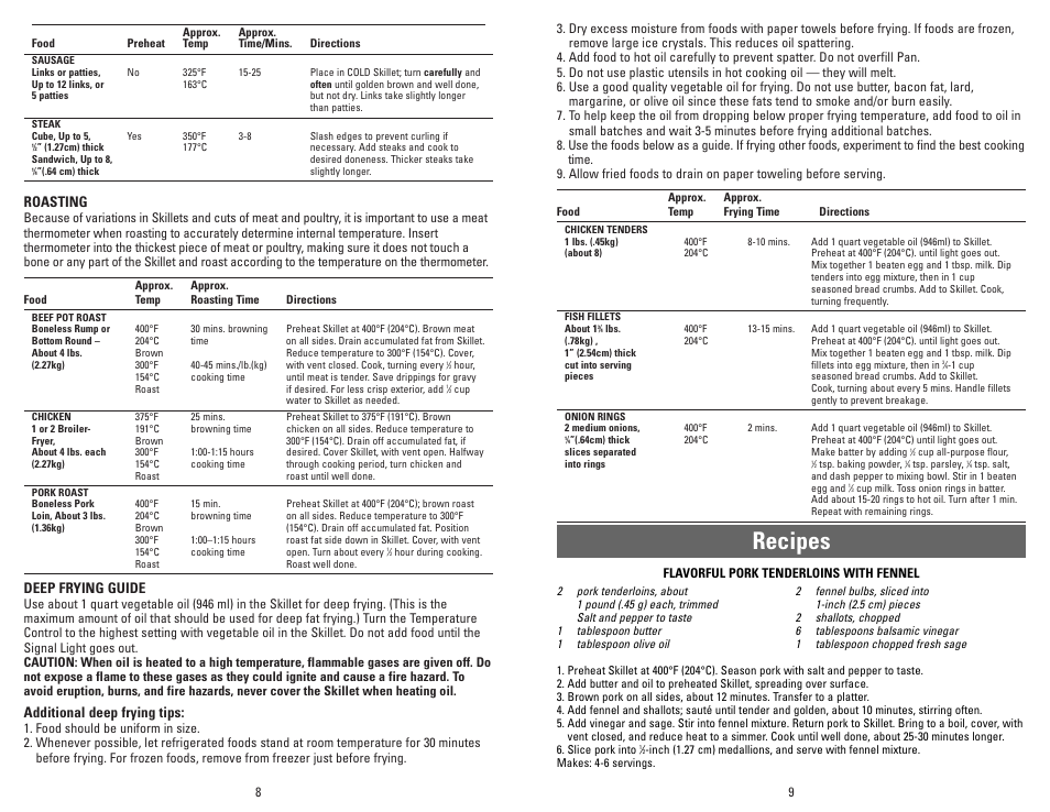 Recipes, Roasting, Deep frying guide | Additional deep frying tips | Black & Decker SK300 User Manual | Page 5 / 18