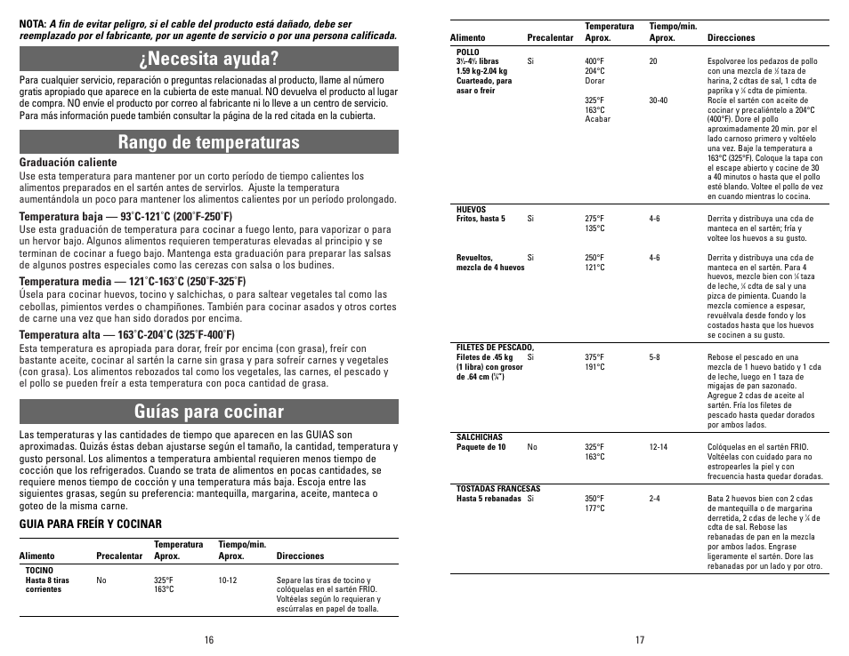 Rango de temperaturas guías para cocinar, Necesita ayuda, Graduación caliente | Guia para freír y cocinar | Black & Decker SK300 User Manual | Page 9 / 18