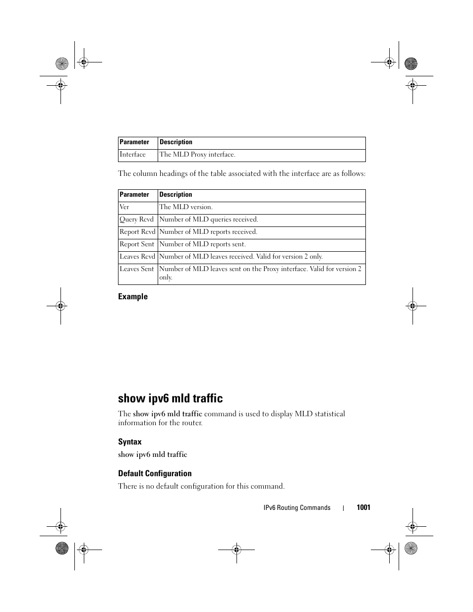 Example, Show ipv6 mld traffic, Syntax | Default configuration | Dell POWEREDGE M1000E User Manual | Page 1001 / 1682
