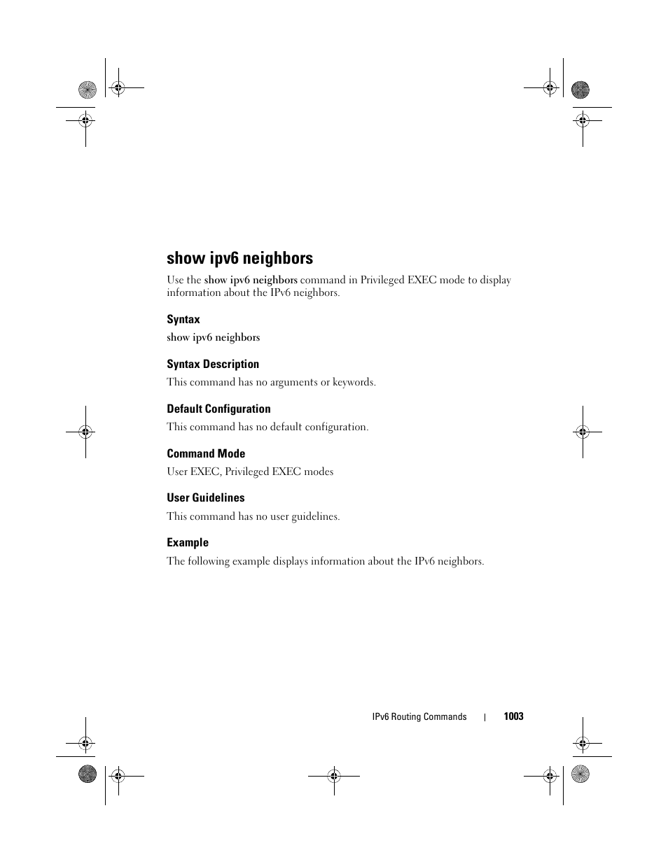 Show ipv6 neighbors, Syntax, Syntax description | Default configuration, Command mode, User guidelines, Example | Dell POWEREDGE M1000E User Manual | Page 1003 / 1682